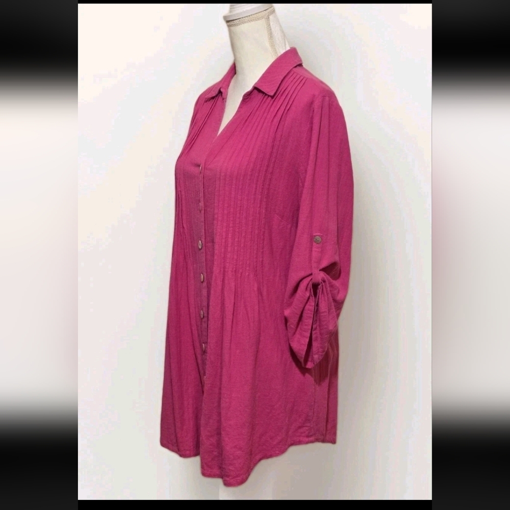 Soft Surroundings Pintuck Collared Button Front  100% Cotton  Tunic Top  Pink S - Picture 4 of 5